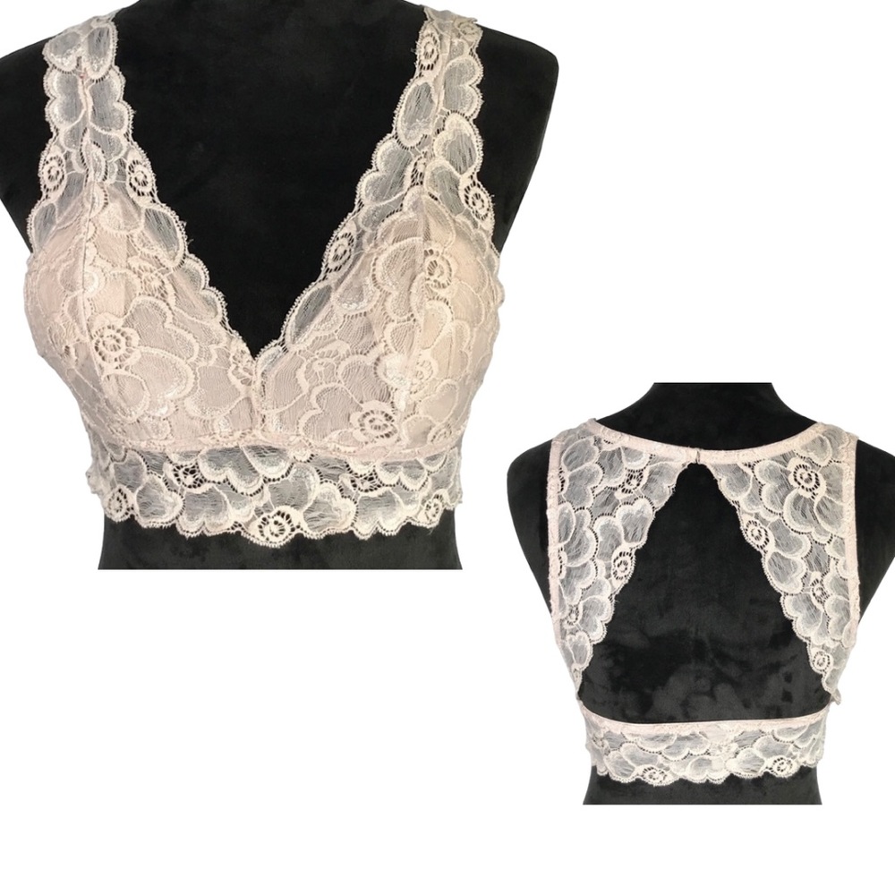 Sophie B. Pink Lace Bra Sheer Floral Mesh Lace Pullover Bra Padded Cups Medium